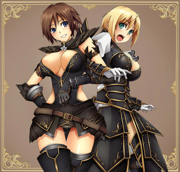 taiyou, capcom, monster hunter (series), monster hunter frontier, resized, 2girls, aqua eyes, armor, blonde hair, blue eyes, breasts, brown hair, cleavage, elbow gloves, gloves, green eyes, grin, multiple girls, noir (armor), open mouth, pixiv thumbnail, short hair, smile, thighhighs