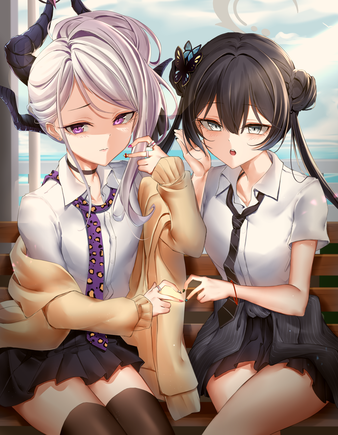 seedkeng, hina (blue archive), kisaki (blue archive), blue archive, highres, 2girls, black hair, black halo, black skirt, breasts, cloud, cloudy sky, day, demon girl, demon horns, double bun, hair bun, halo, horns, long hair, multiple girls, outdoors, school uniform, sitting, skirt, sky, small breasts, twintails, white hair
