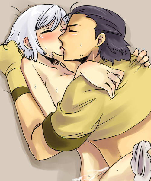 capcom, monster hunter (series), silver hair, 1boy, blush, clothed male nude female, clothed sex, cum, kiss, nude, panties, panties around leg, sex, underwear