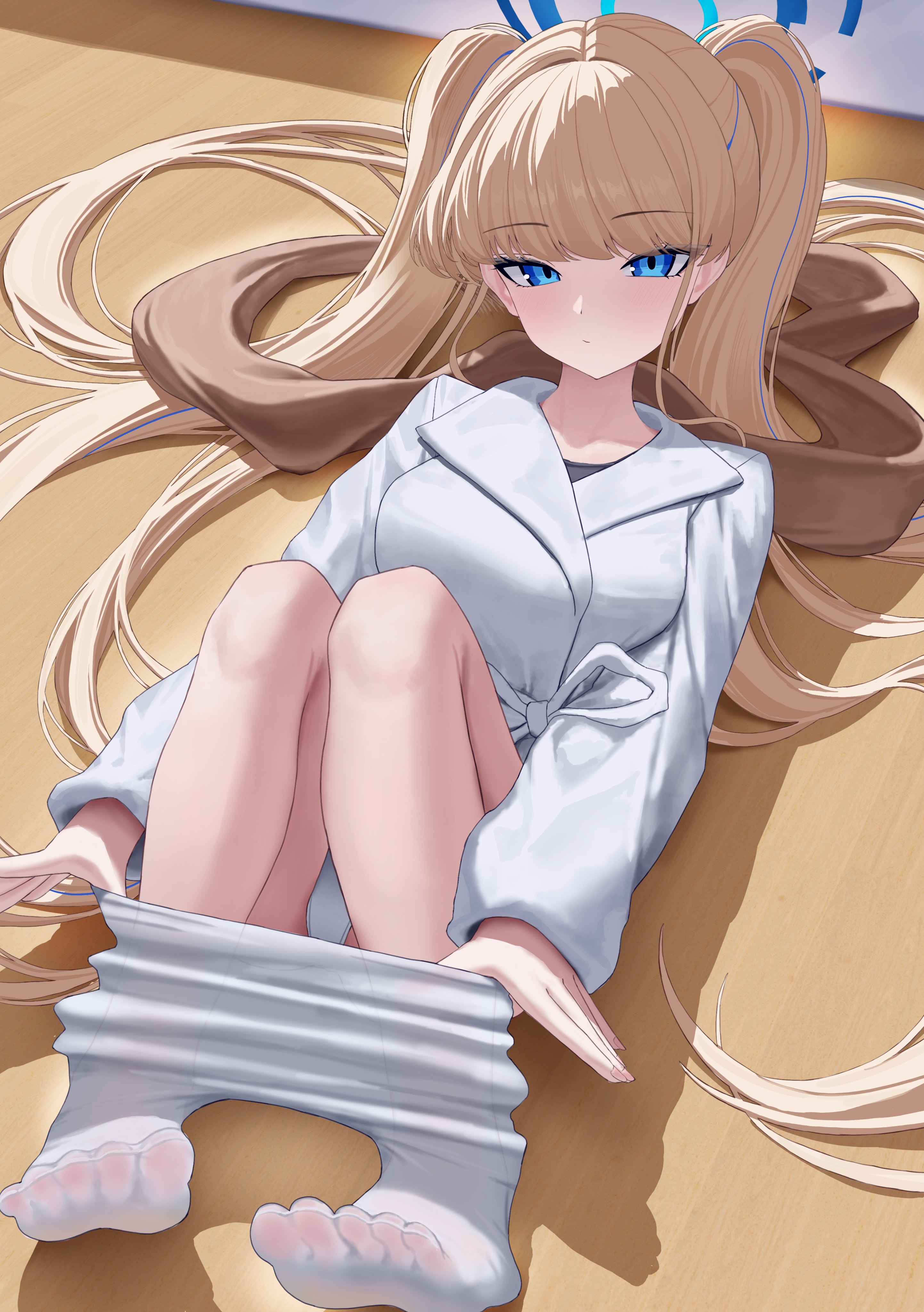 maji (majidesu3), toki (blue archive), blue archive, absurdres, highres, 1girl, alternate costume, alternate hairstyle, blonde hair, blue eyes, blue halo, clothes pull, expressionless, full body, halo, knees up, long hair, lying, no shoes, on back, on floor, panties, pantyhose, pantyhose pull, red scarf, scarf, solo, toes, twintails, underwear, white panties, white pantyhose