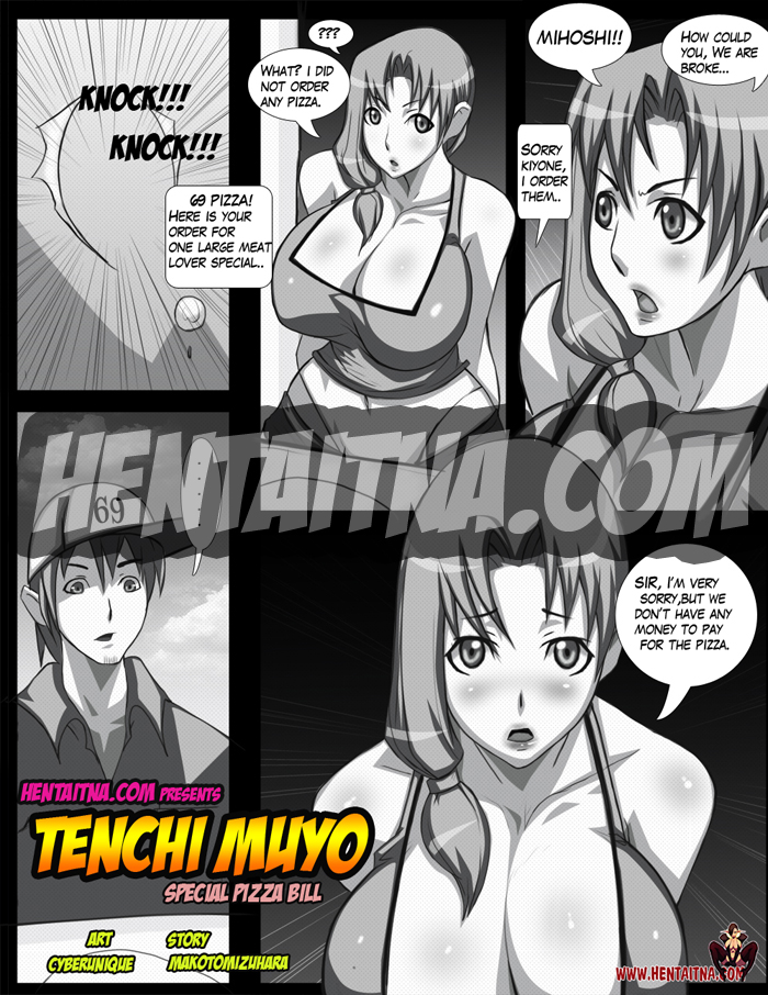 cyberunique, makibi kiyone, tenchi muyou!, english, hard-translated, tagme, third-party edit, translated, :o, ^^^, baseball cap, blush, body blush, border, breasts, cleavage, cloud, comic, curvy, embarrassed, facial hair, goatee, groin, hat, huge breasts, lipstick, long hair, looking at viewer, lowleg, makeup, mature female, monochrome, navel, open mouth, parted bangs, pizza delivery, ponytail, scrunchie, short hair, side ponytail, sky, sleeveless, speech bubble, speed lines, tank top, upper body, watermark, wide hips