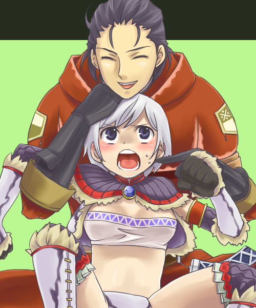capcom, monster hunter (series), 1boy, 1girl, bandeau, khezu (armor), kirin (armor), white hair