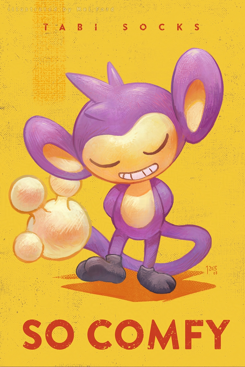 mei ford, aipom, nintendo, pokemon, commentary request, highres, black socks, closed eyes, english text, full body, gen 2 pokemon, grin, no humans, pokemon (creature), shadow, signature, simple background, smile, socks, solo, standing, tabi, yellow background