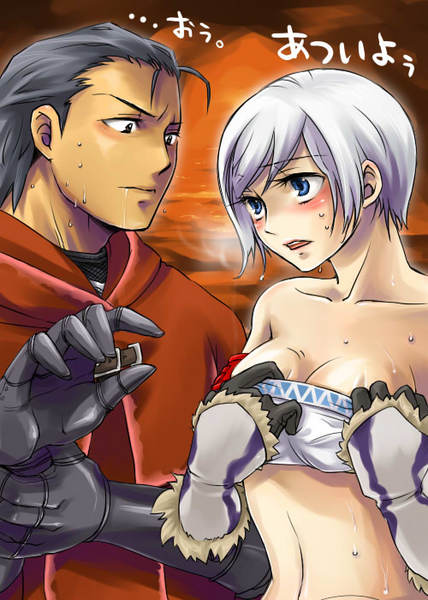 capcom, monster hunter (series), striped, translation request, 1boy, 1girl, :o, antenna hair, armor, bandeau, bare shoulders, black eyes, black hair, blue eyes, blush, breasts, breath, cave, cleavage, clothes pull, coat, detached sleeves, drooling, elbow gloves, embarrassed, eye contact, fur trim, gauntlets, gloves, hood, khezu (armor), kirin (armor), looking at another, midriff, nature, nervous, open mouth, saliva, shirt pull, short hair, sky, strap, sunset, sweat, swept bangs, tan, undressing, upper body, water, white hair