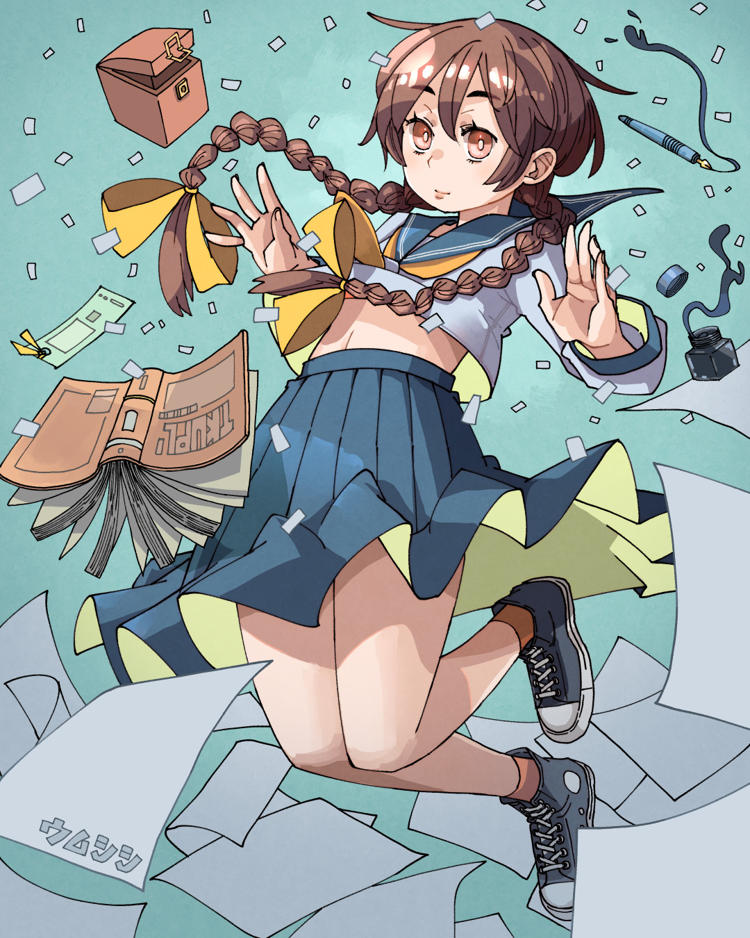 umsisi, original, commentary, english commentary, highres, mixed-language commentary, 1girl, aqua background, blue sailor collar, blue skirt, book, bow, box, braid, brown eyes, brown hair, full body, hair bow, ink, long hair, looking at viewer, midriff peek, navel, neckerchief, paper, pen, pleated skirt, sailor collar, school uniform, serafuku, shirt, shoes, skirt, sneakers, solo, twin braids, white shirt, yellow bow, yellow neckerchief