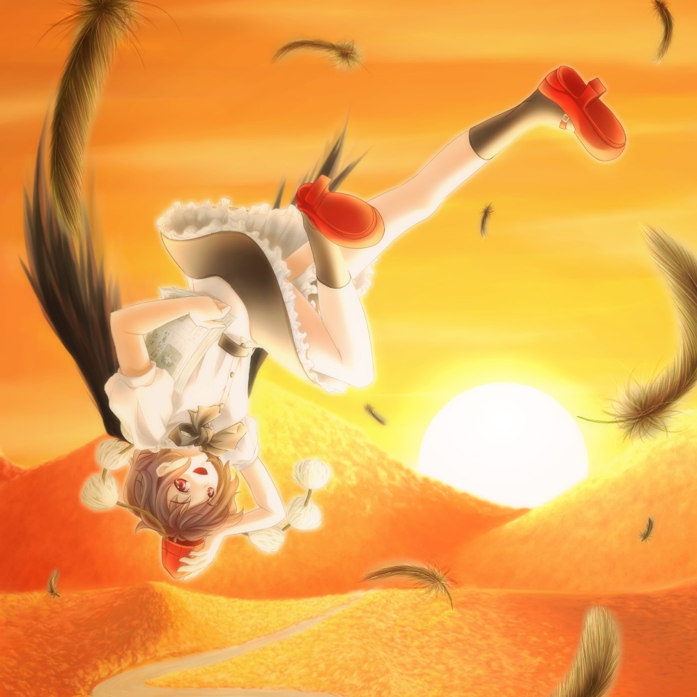 goo-yan (ogura tomomi), shameimaru aya, touhou, 1girl, black hair, black socks, black wings, feathers, female focus, geta, hat, looking at viewer, newspaper, red eyes, short hair, smile, socks, solo, sunset, tengu-geta, tokin hat, upside-down, wings
