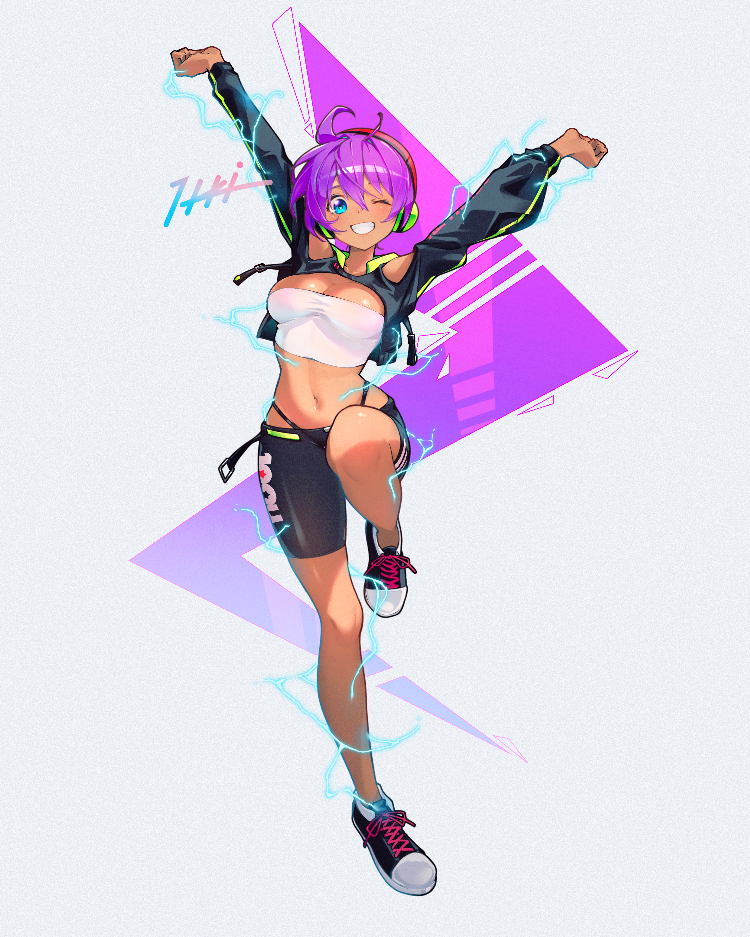 itou kazuki, shantae, shantae (series), shantae advance: risky revolution, absurdres, highres, 1girl, arms up, bike shorts, black shoes, blue eyes, breasts, clothing cutout, crop top, cropped hoodie, dark-skinned female, dark skin, electricity, headphones, holographic hair, hood, hoodie, long hair, navel, one eye closed, panty straps, ponytail, purple hair, shoes, shoulder cutout, smile, solo, standing, standing on one leg, very long hair, white background