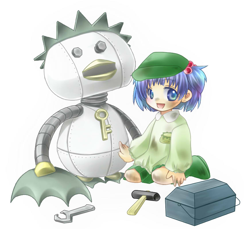 goo-yan (ogura tomomi), kawashiro nitori, touhou, 1girl, aged down, blue eyes, blue hair, female focus, hair bobbles, hair ornament, hat, kappa, key, kindergarten uniform, mallet, matching hair/eyes, robot, short hair, solo, toolbox, two side up, wrench