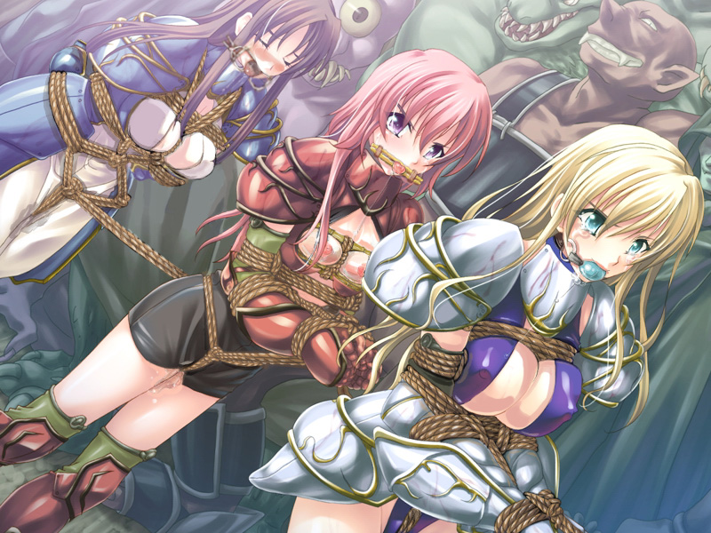 aikawa arisa, marie balling, miel falke, rose buraitenraitona, kamen no goumonshi, game cg, third-party edit, 3girls, aqua eyes, armor, bad end, ball gag, bdsm, bit gag, blonde hair, blush, bondage, bound, breast bondage, breasts, brown hair, captured, center opening, coffle, crotch rope, demon, dental gag, gag, gagged, gauntlets, humiliation, large breasts, long hair, monster, multiple girls, nipples, pink hair, purple eyes, pussy juice, ring gag, rope, saliva, shibari, slave, spoils, tears