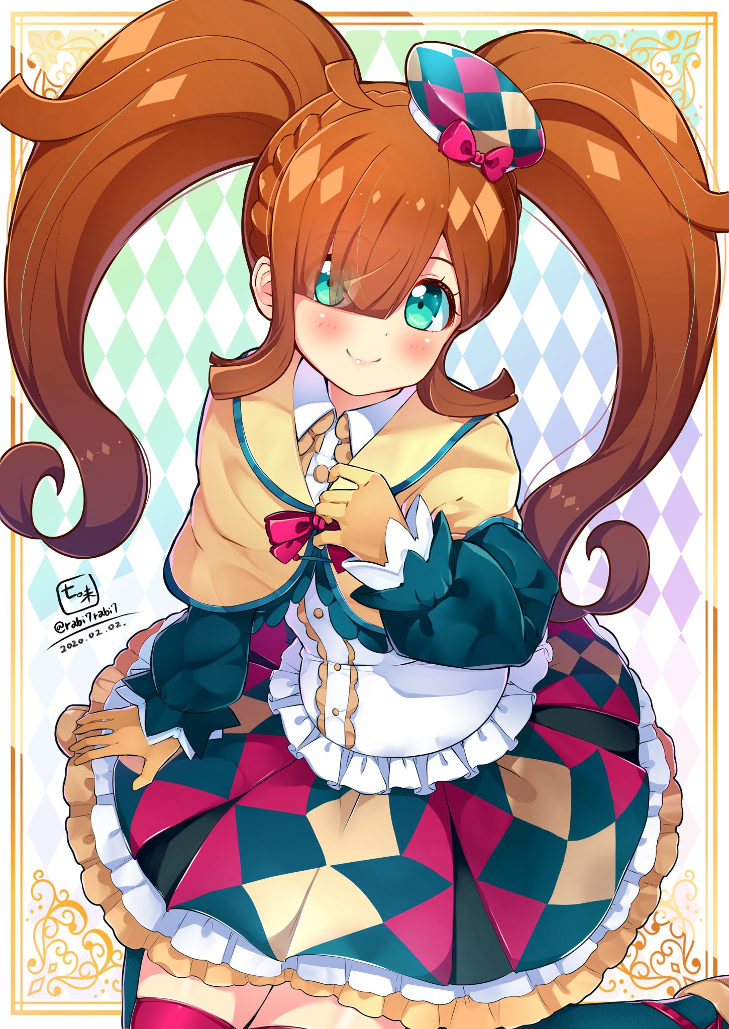 nanamira bi, nijinosaki dia, kiratto pri chan, pretty series, commentary request, highres, 1girl, ahoge, blunt bangs, blush, brown hair, capelet, closed mouth, collared shirt, frilled skirt, frills, gloves, green eyes, hair over one eye, hat, layered skirt, long hair, long sleeves, looking at viewer, mini hat, pleated skirt, shirt, sidelocks, signature, sitting, skirt, smile, solo, thighhighs, twintails, white shirt, yellow capelet, yellow gloves