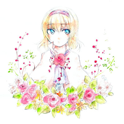 rinsan (nametake), alice margatroid, touhou, bad id, bad pixiv id, lowres, traditional media, 1girl, blonde hair, blue eyes, female focus, flower, hairband, plant, rose, solo, white background