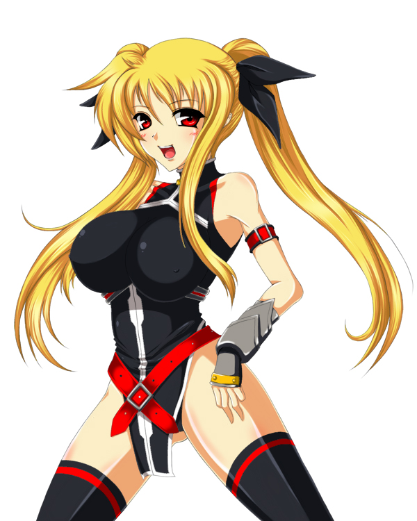 iwamoto eiri, fate testarossa, lyrical nanoha, mahou shoujo lyrical nanoha, mahou shoujo lyrical nanoha strikers, bad id, bad pixiv id, 00s, 1girl, :d, bare shoulders, belt, black thighhighs, blonde hair, breasts, covered erect nipples, female focus, huge breasts, legs, long hair, open mouth, red eyes, smile, solo, spread legs, thighhighs, thighs, twintails