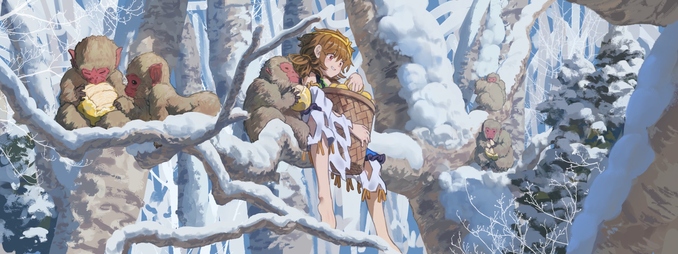 kajatony, son biten, touhou, highres, tagme, 1girl, animal, barefoot, basket, brown hair, circlet, dress, feathers, food, forest, monkey, monkey tail, nature, short hair, smile, snow, snowing, tail, tree, white background, winter, yellow eyes