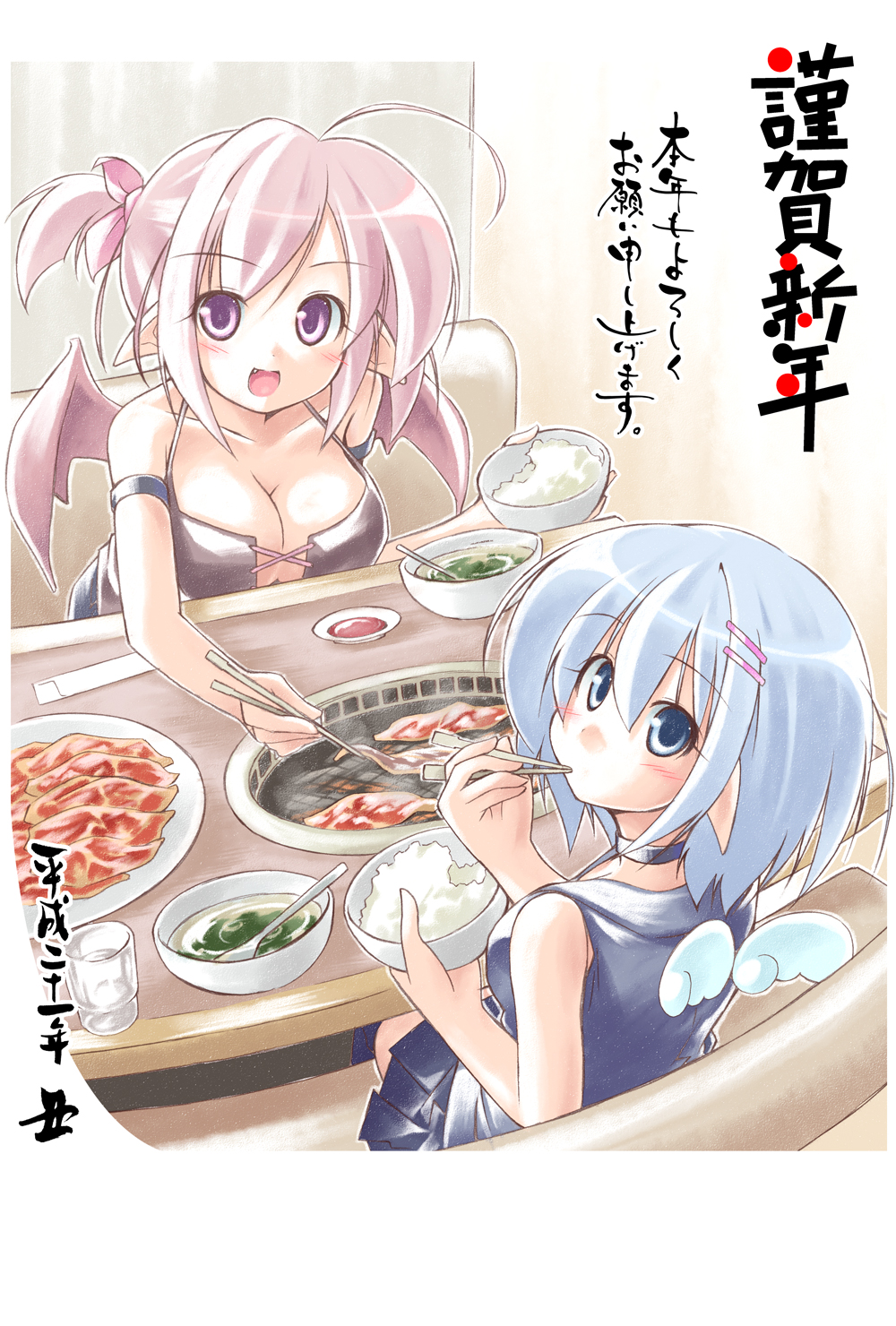 kibushi, original, highres, 2girls, ahoge, angel, angel and devil, blue eyes, blue hair, bowl, breasts, chopsticks, cleavage, demon, demon girl, food, glass, grill, hair ornament, hair ribbon, hairclip, kotoyoro, large breasts, medium breasts, multiple girls, new year, pointy ears, purple eyes, purple hair, ribbon, rice, rice bowl, side ponytail, wings