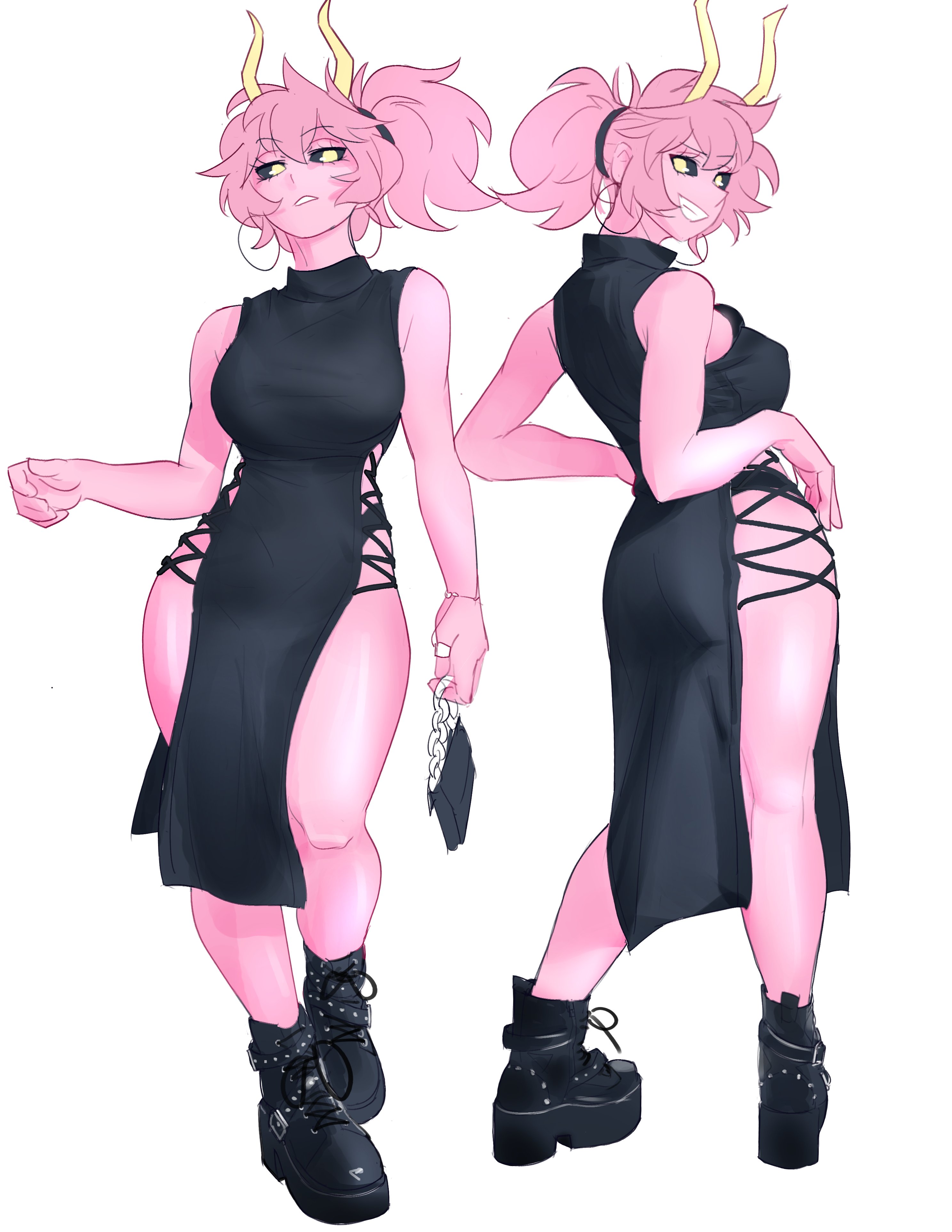 hhholic, ashido mina, boku no hero academia, absurdres, commentary, english commentary, highres, 1girl, bag, bare shoulders, black boots, black dress, boots, colored skin, dress, earrings, from behind, holding, holding bag, hoop earrings, jewelry, looking at viewer, looking back, multiple views, pelvic curtain, pink hair, pink skin, ponytail, side slit, simple background, sleeveless, sleeveless dress, smile, standing, thighs, white background, yellow eyes