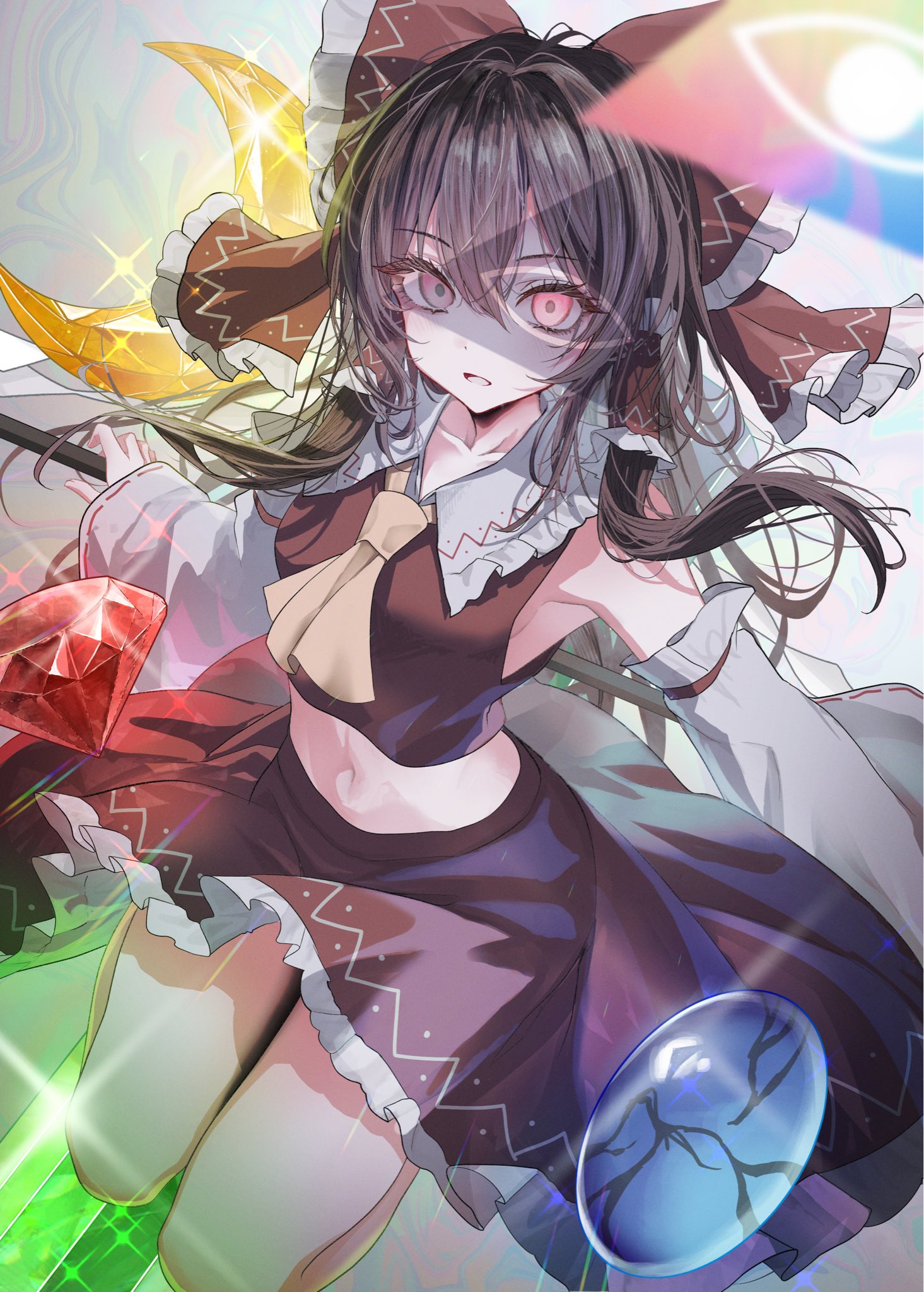 hegata (hegatia lapis), hakurei reimu, touhou, highres, ascot, bow, brown hair, crystal, detached sleeves, hair bow, hair tubes, hat, japanese clothes, long hair, miko, open mouth, red bow, skirt, solo
