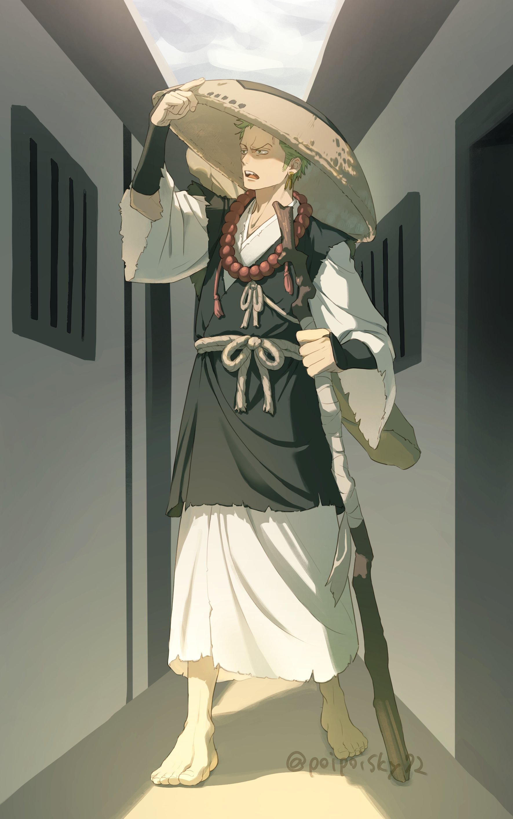 poipoisky72, roronoa zoro, one piece, absurdres, highres, 1boy, adjusting clothes, adjusting headwear, alley, alternate costume, barefoot, bead necklace, beads, cane, earrings, full body, green hair, grey sky, holding, holding cane, japanese clothes, jewelry, long sleeves, male focus, necklace, open mouth, outdoors, sandogasa, short hair, sky, solo, standing