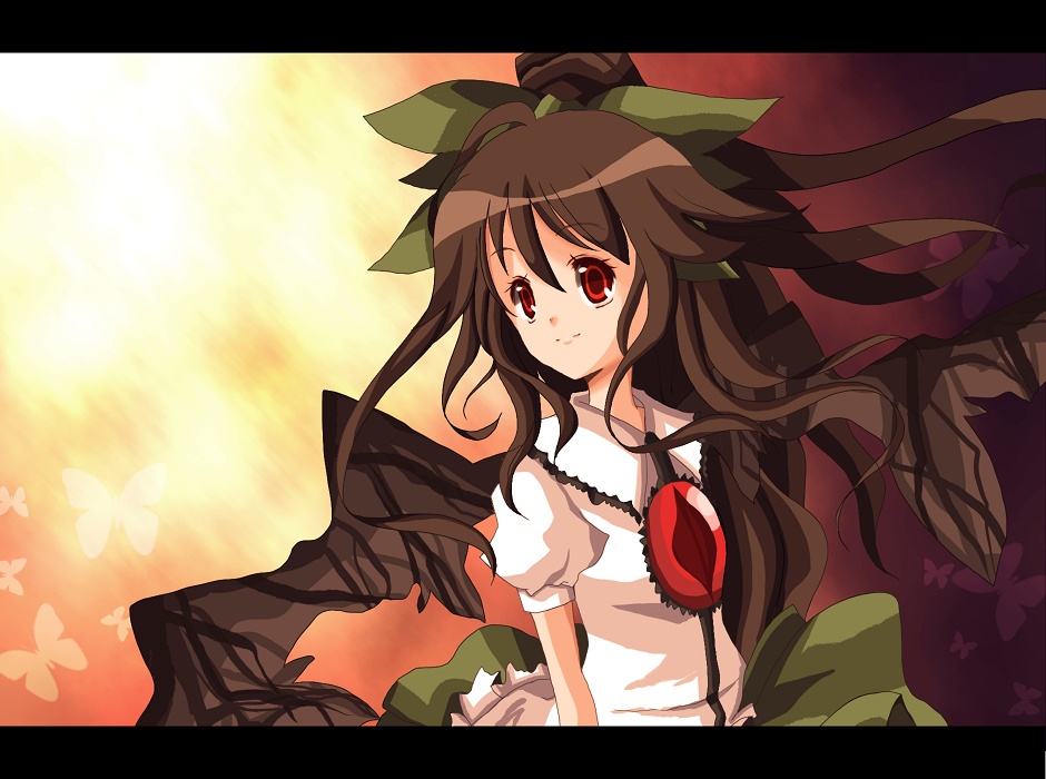 kohinata raichi, reiuji utsuho, touhou, bad id, bad pixiv id, 1girl, black wings, brown hair, bug, butterfly, female focus, gradient background, insect, letterboxed, long hair, red eyes, skirt, solo, wings