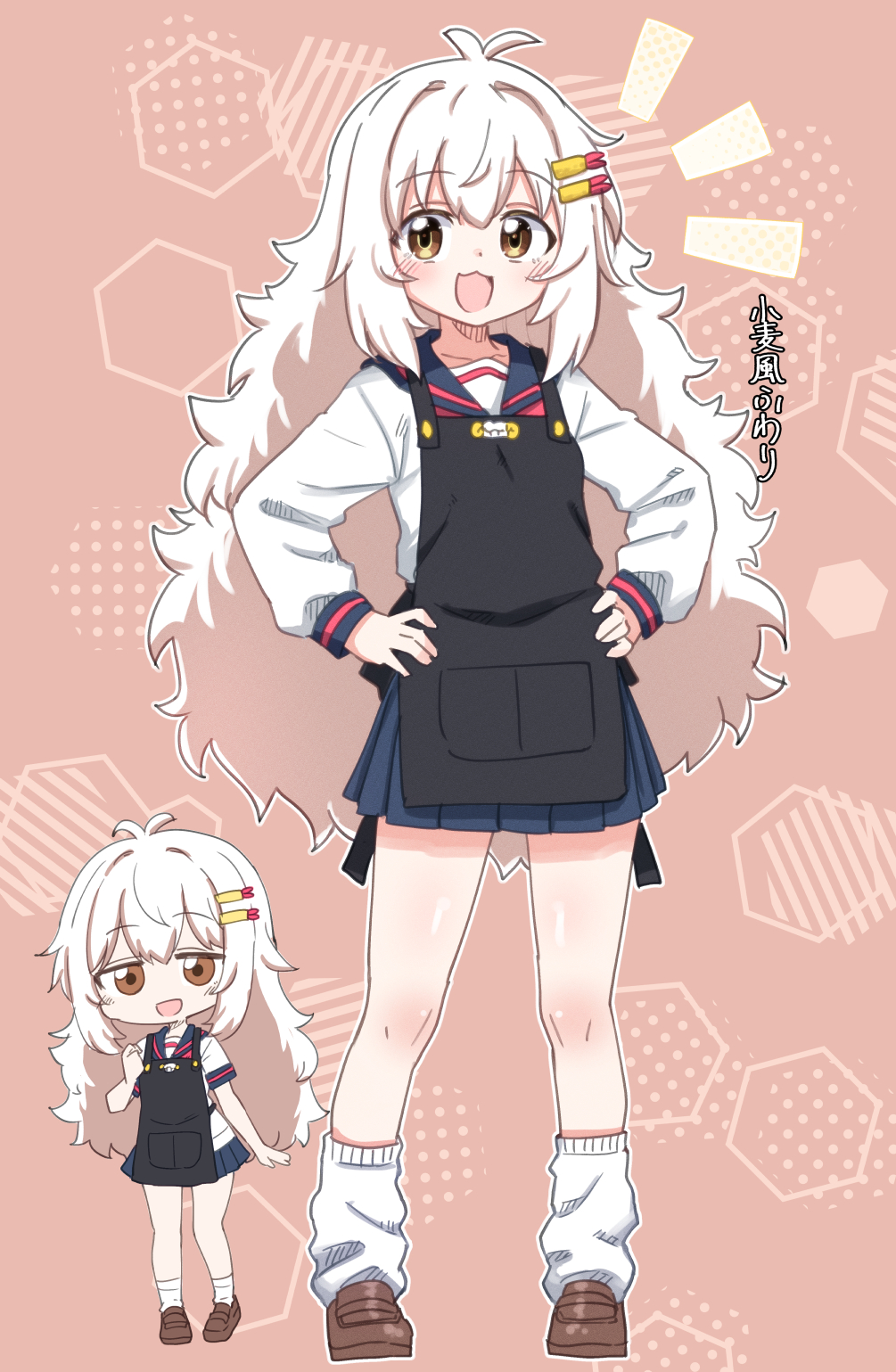 denmaru. (dedendenmaru), original, commentary request, highres, translation request, 1girl, :3, :d, antenna hair, apron, black apron, blue sailor collar, blue skirt, blush, brown shoes, chibi, full body, hands on own hips, loafers, long hair, long sleeves, looking at viewer, loose socks, open mouth, pleated skirt, sailor collar, school uniform, serafuku, shirt, shoes, skirt, smile, socks, standing, white hair, white shirt, white socks, yellow eyes