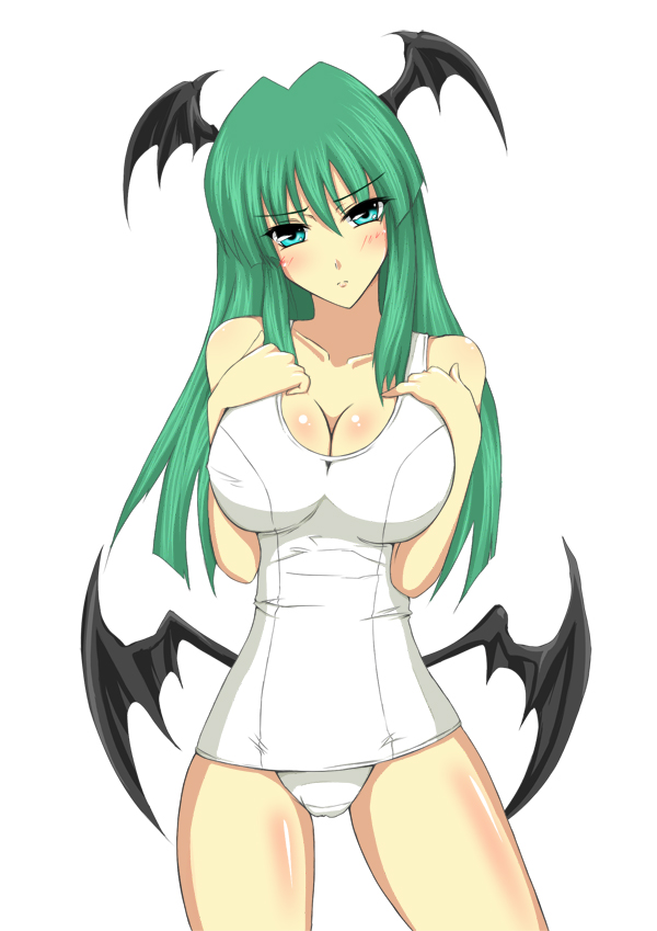 iwamoto eiri, morrigan aensland, capcom, darkstalkers, bad id, bad pixiv id, 1girl, aqua eyes, bare shoulders, blush, breasts, cleavage, demon wings, female focus, green hair, head wings, large breasts, long hair, one-piece swimsuit, school swimsuit, solo, swimsuit, white one-piece swimsuit, white school swimsuit, wings