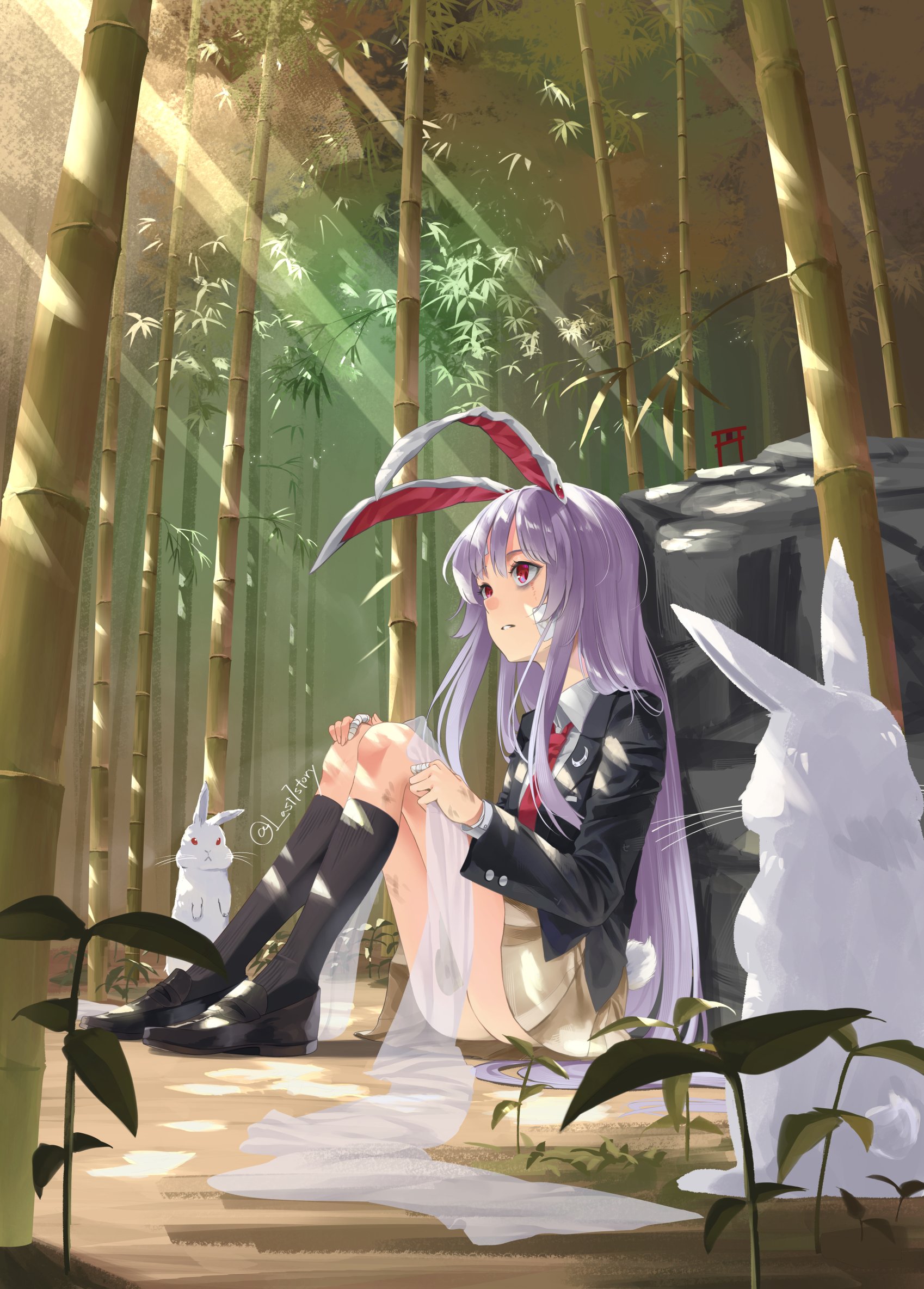 otomeza ryuseigun, reisen udongein inaba, touhou, highres, 1girl, animal ears, bamboo, bamboo forest, forest, long hair, nature, necktie, purple hair, rabbit, rabbit ears, red eyes, shirt, skirt, solo, torii, very long hair