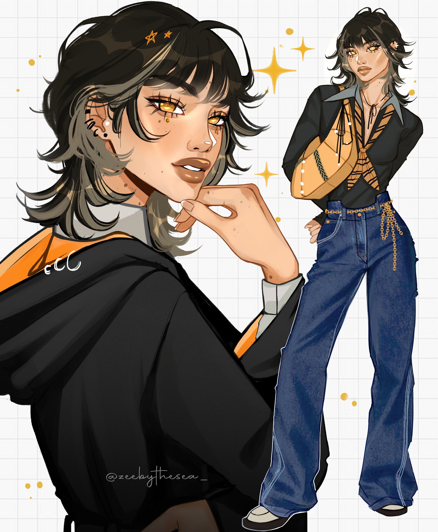 zeebythesea, original, highres, 1girl, aegyo sal, arms behind back, bag, baggy pants, black coat, black shirt, blonde streaks, boots, brown hair, chain, chain belt, choppy bangs, coat, collar, collared shirt, colored inner hair, cord choker, denim, ear piercing, earrings, eyelashes, fashion, four-pointed star, gold chain, grey collar, grid background, hair behind ear, hair ornament, head rest, hogwarts school uniform, hood, hooded coat, hufflepuff, jeans, jewelry, long sleeves, looking at viewer, messy hair, mole, mole on cheek, mole on forehead, mole on hand, mole on neck, mole under each eye, mole under eye, multicolored hair, multiple moles, multiple views, neckerchief, no pupils, pants, parted lips, piercing, school uniform, shirt, shirt tucked in, shoulder bag, sleeves past wrists, standing, star (symbol), star hair ornament, streetwear, striped neckerchief, stud earrings, thick eyebrows, thick lips, twitter username, two-tone hair, white background, white boots, wolf cut, yellow bag, yellow eyes, yellow neckerchief