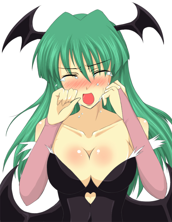 iwamoto eiri, morrigan aensland, capcom, darkstalkers, bad id, bad pixiv id, 1girl, bare shoulders, blush, breasts, cleavage, closed eyes, demon wings, female focus, green hair, head wings, large breasts, long hair, open mouth, solo, tears, wings