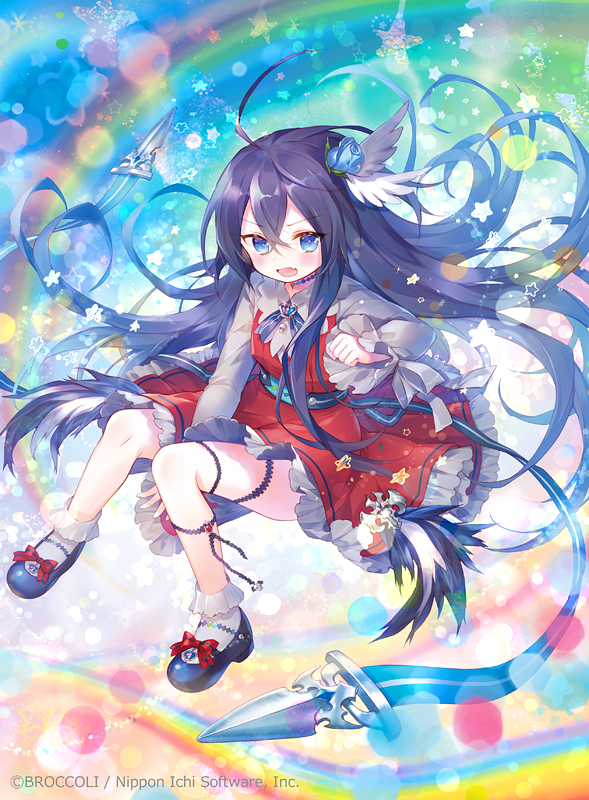 ibara riato, kamiyugi yachiyo, z/x, official art, 1girl, ahoge, black shoes, blue eyes, copyright notice, dress, fang, feather hair ornament, feathers, flower, hair flower, hair ornament, open mouth, purple hair, rainbow, shoes, socks, solo, star (symbol), thigh strap, white socks
