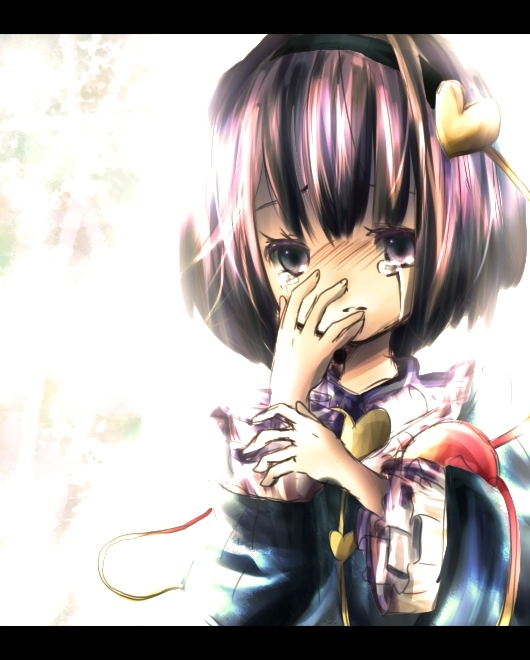 kohinata raichi, komeiji satori, touhou, bad id, bad pixiv id, commentary, 1girl, crying, crying with eyes open, female focus, hairband, heart, letterboxed, pink hair, short hair, solo, tears