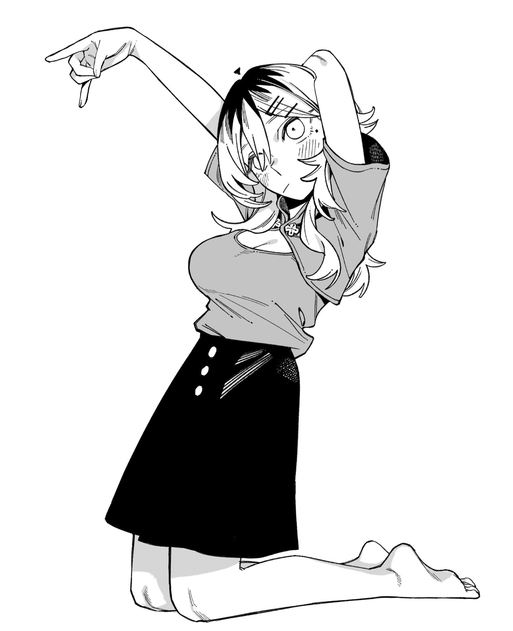 mashimashi, urabe haruna (mashimashi), original, commentary, highres, symbol-only commentary, 1girl, m/, ahoge, arm behind head, arm up, barefoot, breasts, cleavage, feet, full body, greyscale, hair ornament, hair over one eye, hairclip, kneehighs, mole, mole under eye, monochrome, parallel hairclips, shirt, skirt, socks, solo, toes