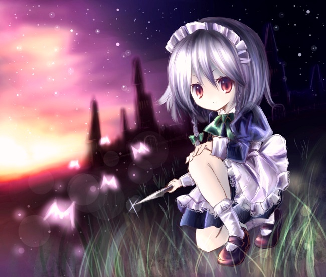 kohinata raichi, izayoi sakuya, embodiment of scarlet devil, touhou, silver hair, bad id, bad pixiv id, 1girl, braid, female focus, knife, maid, nature, outdoors, plant, red eyes, ribbon, short hair, sky, solo, squatting, throwing knife, twin braids, weapon