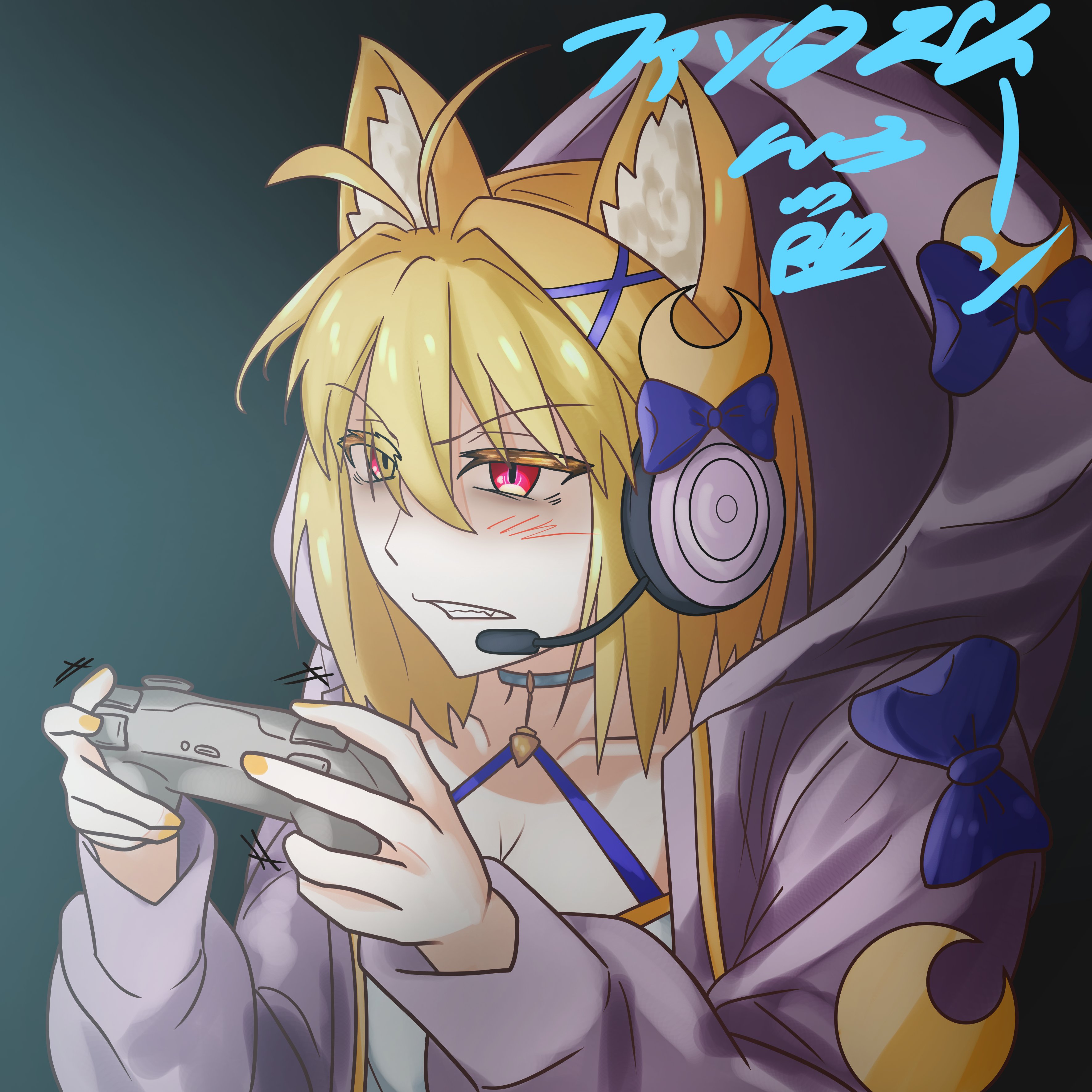 ggifz6618, arcueid brunestud, phantas-moon, phantas-moon (second ascension), fate/grand order, fate (series), tsukihime, tsukihime (remake), absurdres, highres, 1girl, ahoge, angry, animal ear fluff, animal ears, blonde hair, blue ribbon, breasts, cat ears, cat girl, cleavage, controller, crescent, crescent hair ornament, game controller, hair between eyes, hair ornament, headphones, holding, holding controller, holding game controller, hood, hoodie, open clothes, open hoodie, partially shaded face, pink hoodie, playing games, red eyes, ribbon, short hair