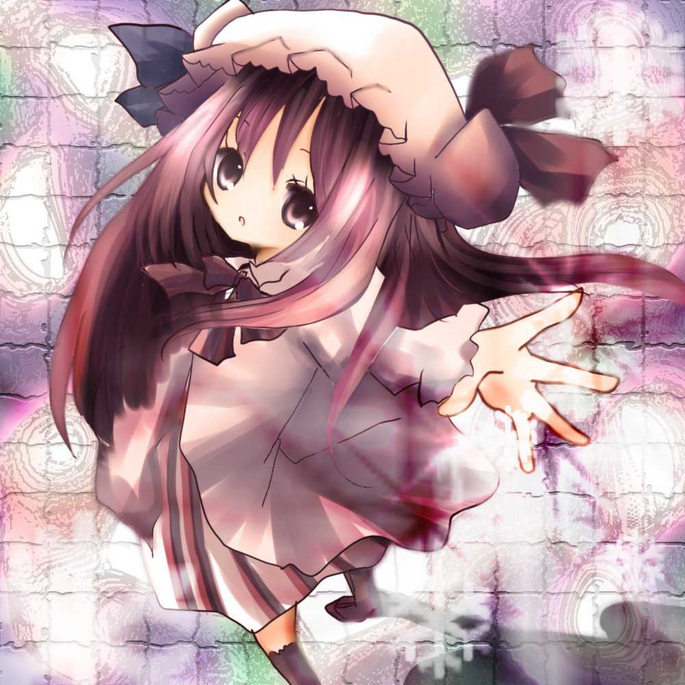 kohinata raichi, patchouli knowledge, touhou, bad id, bad pixiv id, 1girl, female focus, hat, long hair, purple eyes, purple hair, ribbon, snowflakes, solo, standing