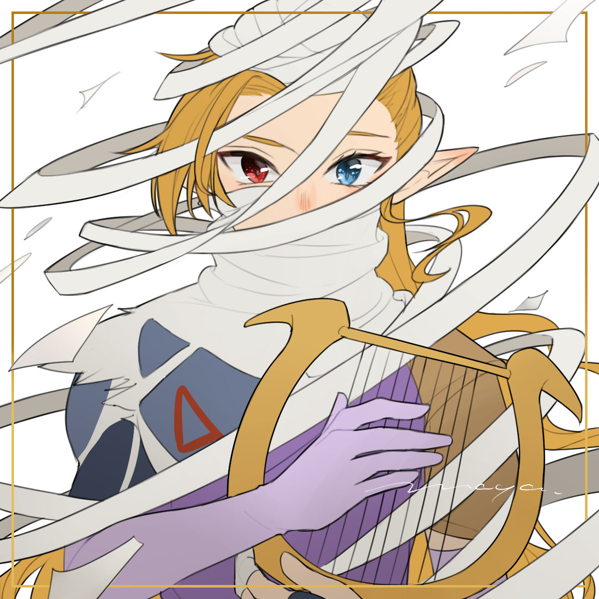 maya (mayamayammy), princess zelda, sheik, nintendo, the legend of zelda, the legend of zelda: ocarina of time, highres, 1girl, bandages, blonde hair, blue eyes, curtained hair, dual persona, elbow gloves, gloves, harp, hat, instrument, long hair, pointy ears, red eyes, short hair