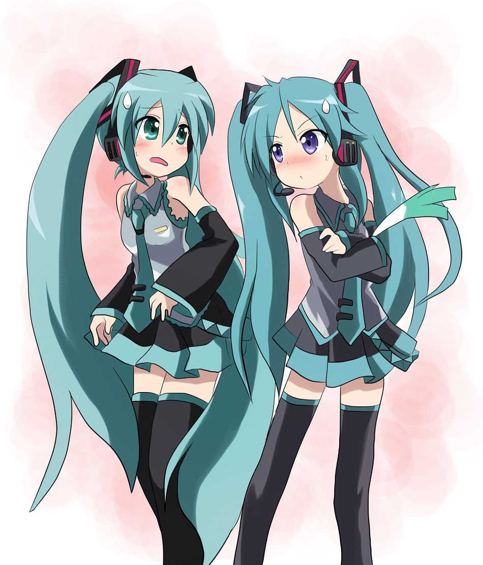 massala, hatsune miku, hiiragi kagami, lucky star, vocaloid, 2girls, aqua hair, blush, cosplay, crossed arms, crossover, detached sleeves, hatsune miku (cosplay), headphones, headset, long hair, look-alike, multiple girls, necktie, open mouth, purple eyes, skirt, spring onion, sweatdrop, thighhighs, tsurime, twintails, very long hair, zettai ryouiki