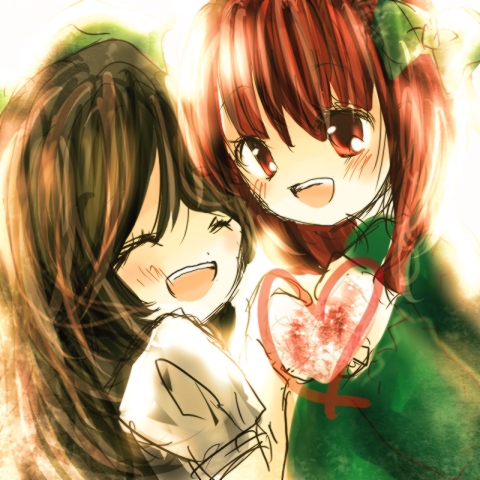 kohinata raichi, kaenbyou rin, reiuji utsuho, touhou, bad id, bad pixiv id, lowres, 2girls, ^ ^, black hair, closed eyes, female focus, heart, multiple girls, red eyes, red hair, ribbon, upper body, white background