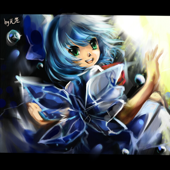 hikariz, cirno, embodiment of scarlet devil, touhou, bad id, bad pixiv id, 1girl, :d, blue dress, blue hair, crystal, dress, female focus, from behind, green eyes, ice, ice wings, letterboxed, looking at viewer, looking back, open mouth, round teeth, smile, solo, teeth, wings