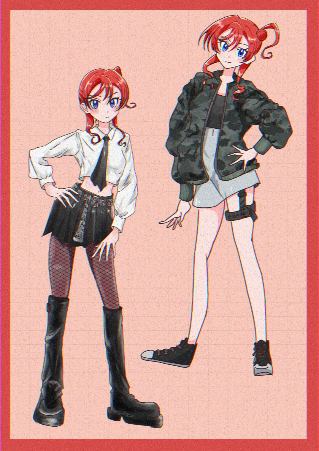 rindaypdx, yoneme mei, love live!, love live! superstar!!, commentary request, highres, 1girl, belt, black boots, black necktie, black skirt, blue eyes, boots, border, closed mouth, collarbone, crop top, fishnets, full body, hair bun, hand on own hip, jacket, long sleeves, looking at viewer, navel, necktie, open clothes, open jacket, red border, red hair, shirt, short hair with long locks, shorts, single hair bun, skirt, smile, split mouth, standing, thigh strap, white shirt