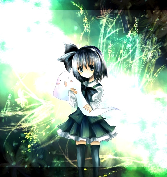 kohinata raichi, konpaku youmu, konpaku youmu (ghost), touhou, silver hair, bad id, bad pixiv id, 1girl, blush, female focus, hairband, hitodama, hug, ribbon, short hair, solo, thighhighs