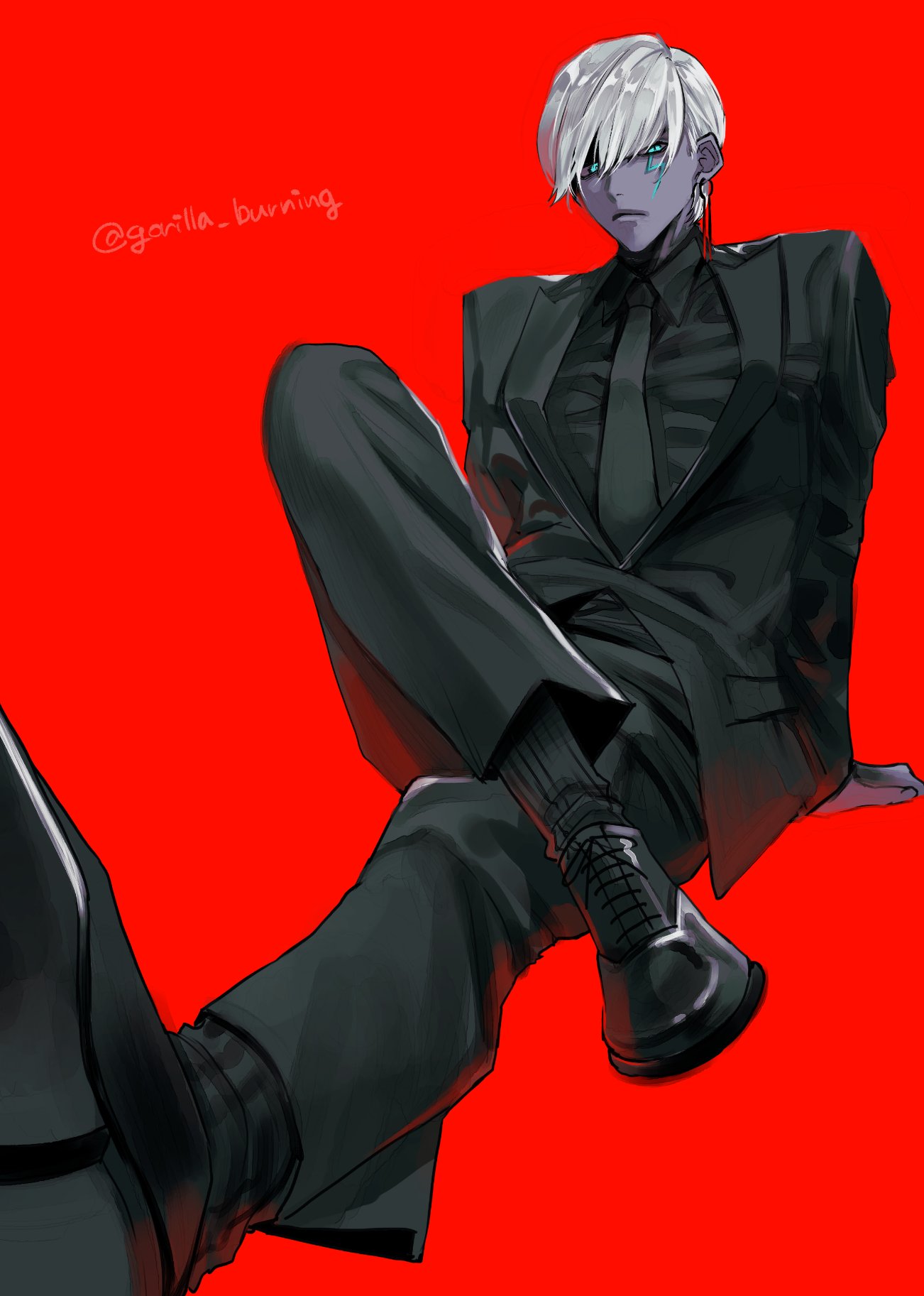indra (fate), fate/grand order, fate (series), highres, 1boy, black jacket, black necktie, black pants, black shirt, black shoes, black socks, black suit, blue eyes, collared shirt, colored sclera, colored skin, dark-skinned male, dark skin, earrings, formal clothes, full body, gorilla burning, grey sclera, grey skin, jacket, jewelry, lightning bolt facial mark, long sleeves, looking at viewer, male focus, necktie, on ground, pants, red background, shirt, shoes, short hair, simple background, sitting, smile, socks, solo, suit, suit jacket, white hair