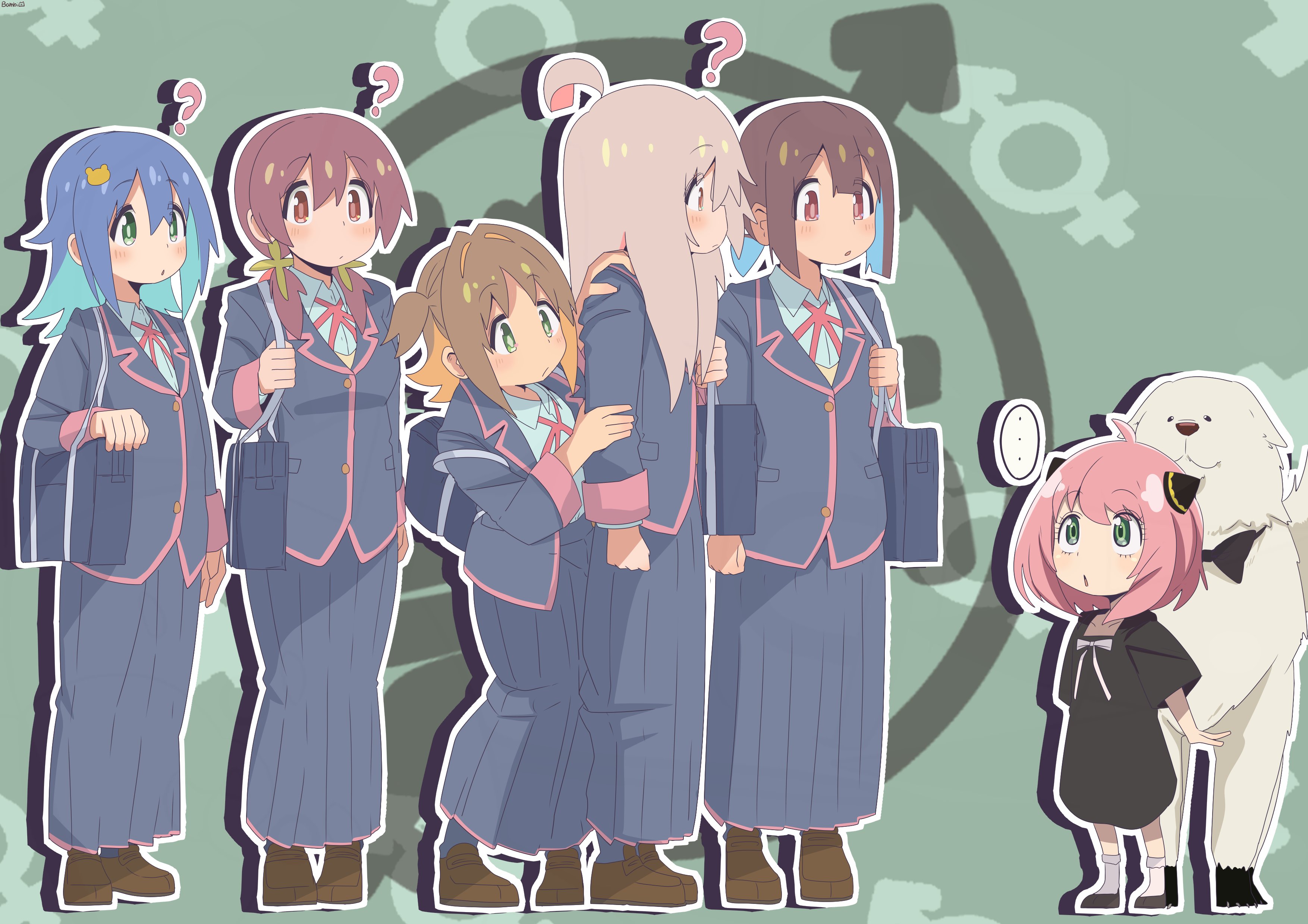 bambi2000line, anya (spy x family), bond (spy x family), hozuki momiji, murosaki miyo, oka asahi, oyama mahiro, tenkawa nayuta, onii-chan wa oshimai!, spy x family, absurdres, commentary, highres, …, 6+girls, ?, ahoge, aqua hair, bag, black dress, black jacket, black skirt, blue hair, brown eyes, brown hair, brown shoes, colored inner hair, crossover, dog, dress, great pyrenees, green background, green eyes, hairpods, jacket, loafers, long hair, long skirt, long sleeves, male-female symbol, multicolored hair, multiple girls, orange hair, outline, pink hair, pleated skirt, school bag, school uniform, shoes, short hair, simple background, skirt, spoken ellipsis, two-tone hair, white outline