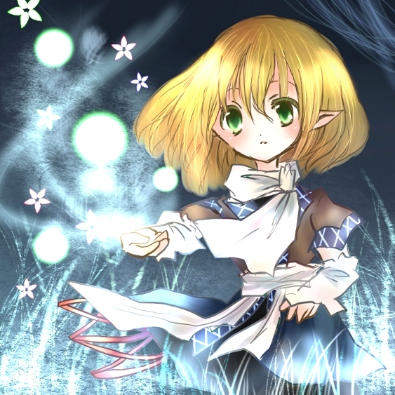kohinata raichi, mizuhashi parsee, touhou, bad id, bad pixiv id, 1girl, arm warmers, blonde hair, female focus, flower, green eyes, plant, pointy ears, scarf, short hair, solo, standing