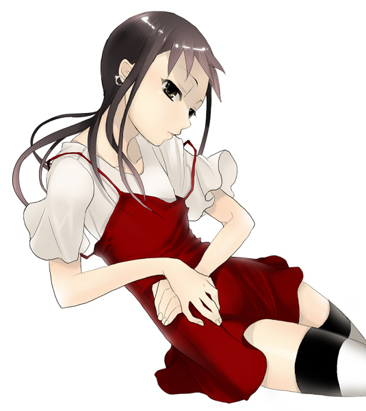 koga norio, narutaru, black hair, crossdressing, crossdressing (mtf), dress, earrings, jewelry, long hair, male focus, solo, thighhighs, trap