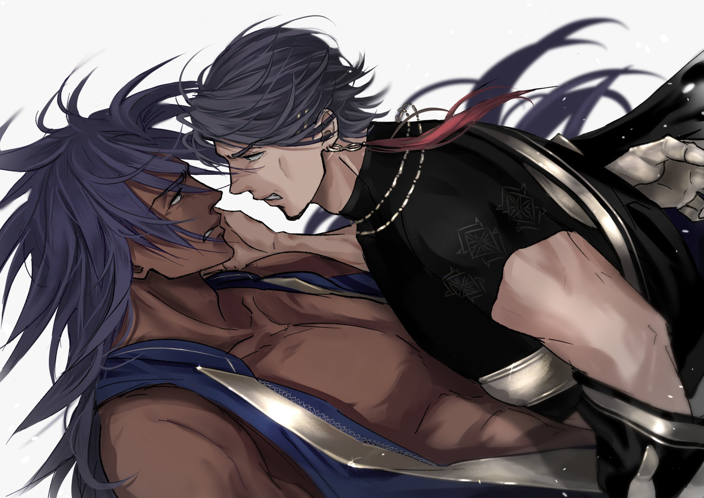 bhima (fate), duryodhana (fate), fate/grand order, fate (series), 2boys, angry, bara, clenched teeth, dark-skinned male, dark skin, earrings, face-to-face, indian clothes, jewelry, long hair, male focus, multiple boys, muscular, muscular male, necklace, open clothes, open vest, oriya 1ryo, purple hair, shirt, short hair, short sleeves, simple background, sleeveless, teeth, upper body, vest, white background, yaoi