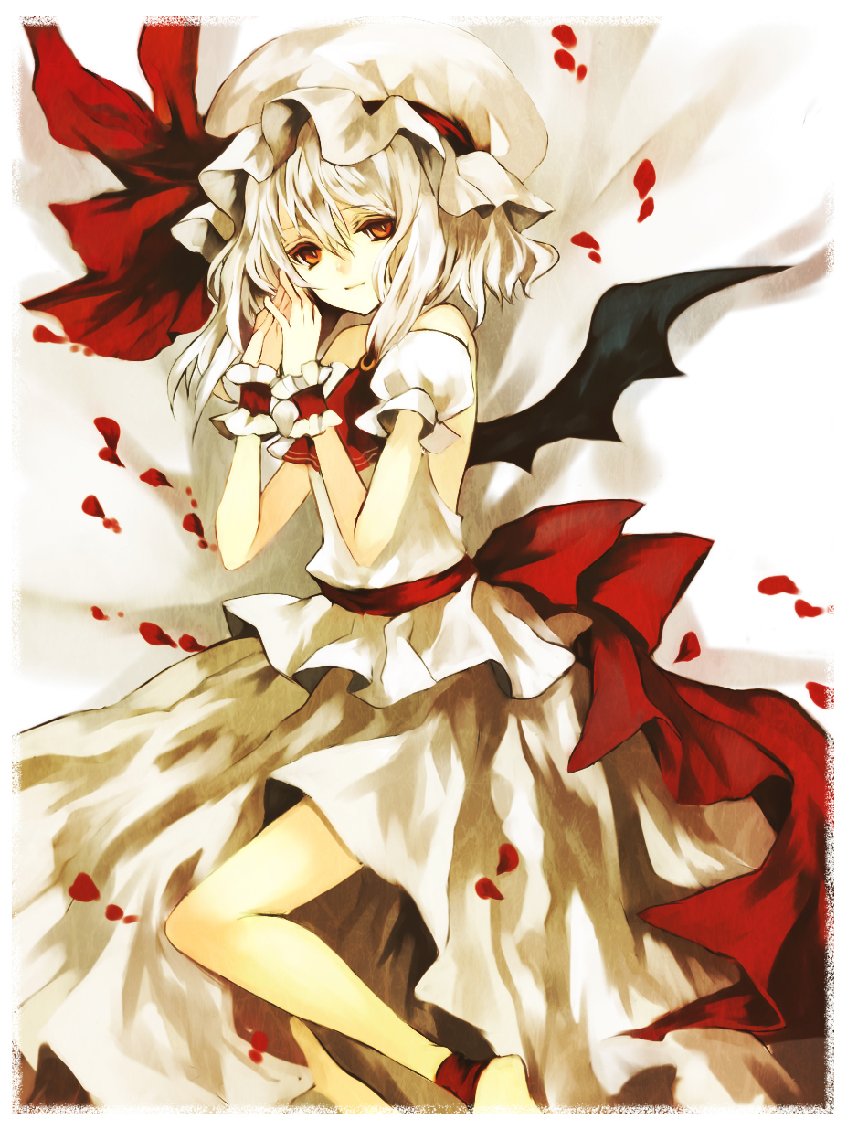 hina (pico), hina (pixiv), remilia scarlet, touhou, highres, 1girl, barefoot, bat wings, bed, blood, female focus, hat, petals, red eyes, ribbon, short hair, skirt, solo, white background, white hair, wings