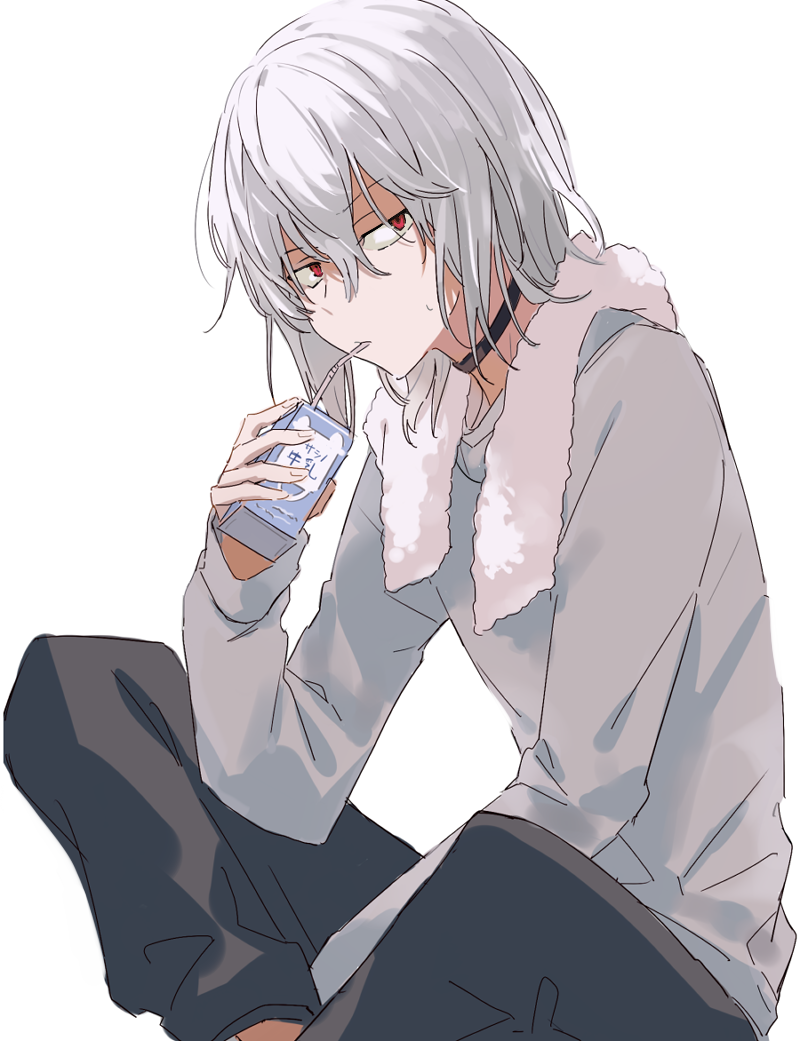 anninn do fu, accelerator (toaru majutsu no index), toaru majutsu no index, commentary request, 1boy, black choker, choker, closed mouth, drinking straw, drinking straw in mouth, electrodes, fingernails, grey pants, grey shirt, hair between eyes, holding, holding carton, indian style, long sleeves, looking at viewer, male focus, medium hair, milk carton, pants, red eyes, shirt, simple background, sitting, solo, towel, towel around neck, white background, white hair