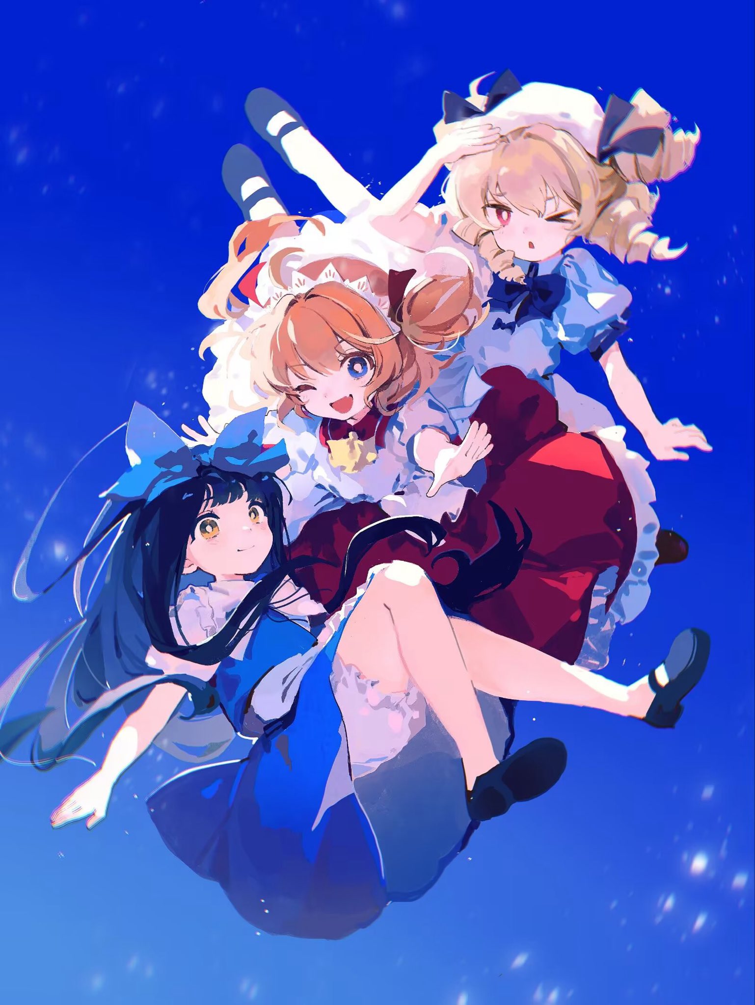 youshouhaoxianzhe, luna child, star sapphire, sunny milk, touhou, highres, redrawn, 3girls, apron, black dress, blonde hair, blue background, blue dress, blue ribbon, braid, dress, flying, frills, long hair, multiple girls, ribbon, simple background, skirt, sky, smile, twin braids, white apron