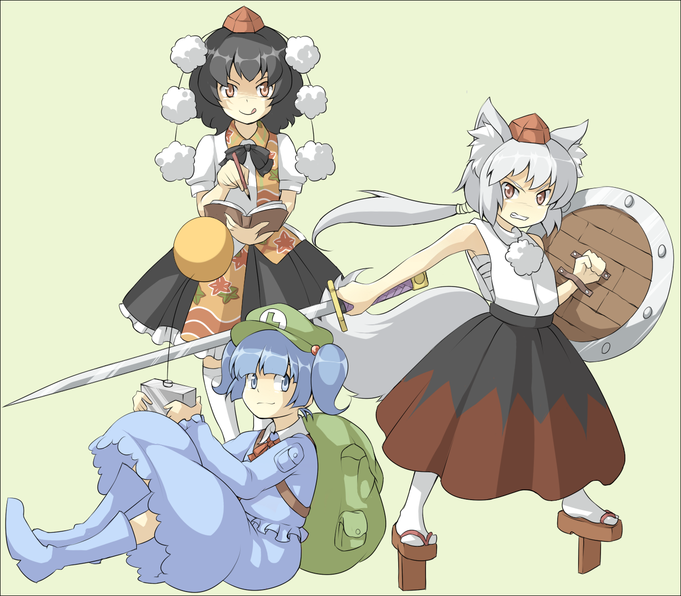 plastic lens, urin, inubashiri momiji, kawashiro nitori, shameimaru aya, touhou, silver hair, bad id, bad pixiv id, highres, 3girls, :q, animal ears, armpits, backpack, bag, black hair, blue eyes, blue hair, boots, controller, female focus, geta, hat, multiple girls, notebook, pencil, randoseru, red eyes, remote control, sarashi, shield, short hair, sword, tabi, tail, tengu-geta, tokin hat, tongue, tongue out, twintails, two side up, weapon, wolf ears, wolf tail, wooden pencil