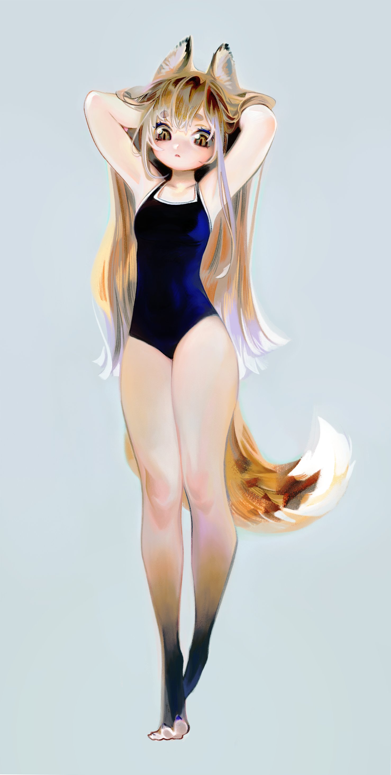 yeono0, original, absurdres, highres, 1girl, animal ears, animal legs, black one-piece swimsuit, brown eyes, brown hair, collarbone, fox ears, fox girl, fox tail, full body, grey background, hands in own hair, long hair, looking at viewer, one-piece swimsuit, simple background, solo, swimsuit, tail