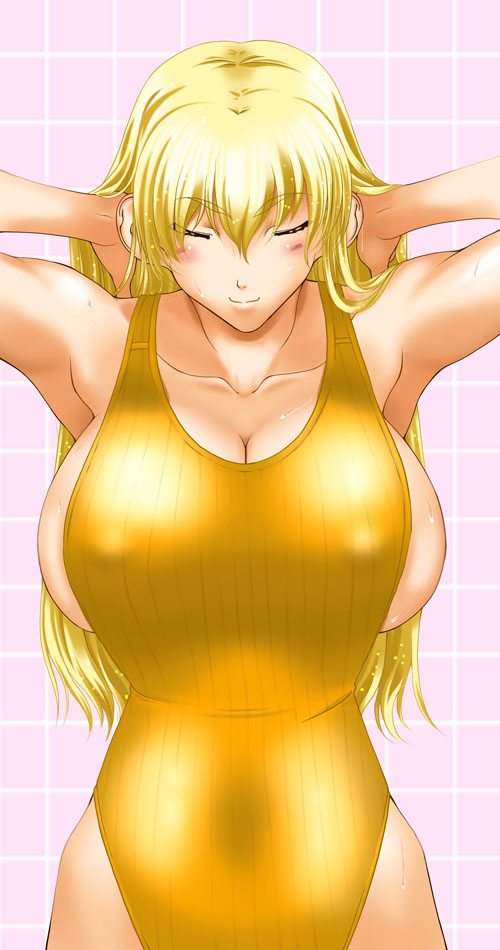 kamia (not found), matsuoka kiyone, original, 1girl, armpits, blonde hair, breasts, bursting breasts, cleavage, female focus, huge breasts, showering, sideboob, solo, swimsuit, tight clothes